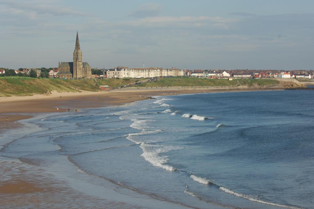 view of coastal town from beach 