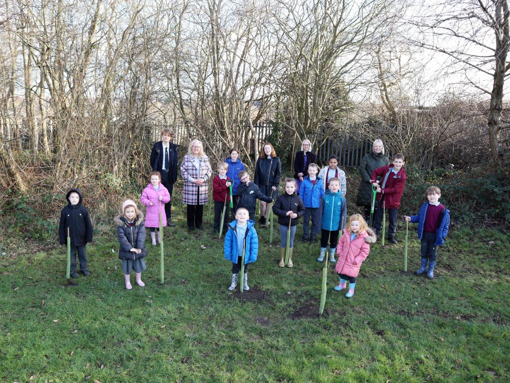 St Columba’s Primary School tree planting event with guests