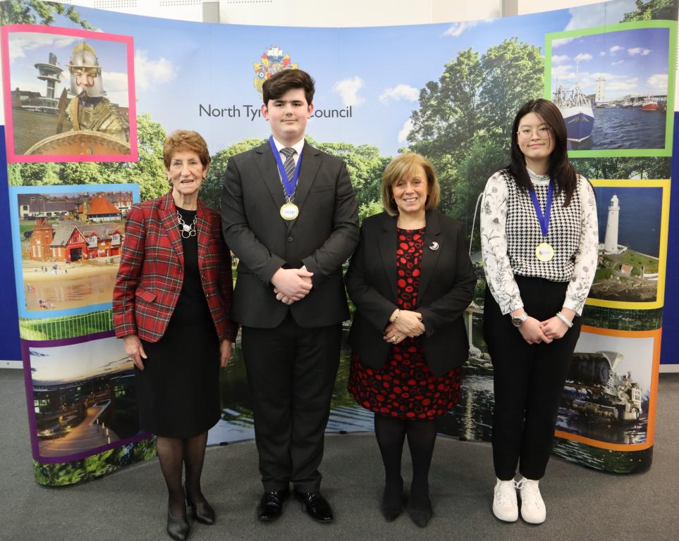 Dame Norma Redfearn DBE, elected Mayor of North Tyneside, Young Mayor Cameron Quinn, MP Mary Glindon, and Member of Youth Parliament Sharon Zeng