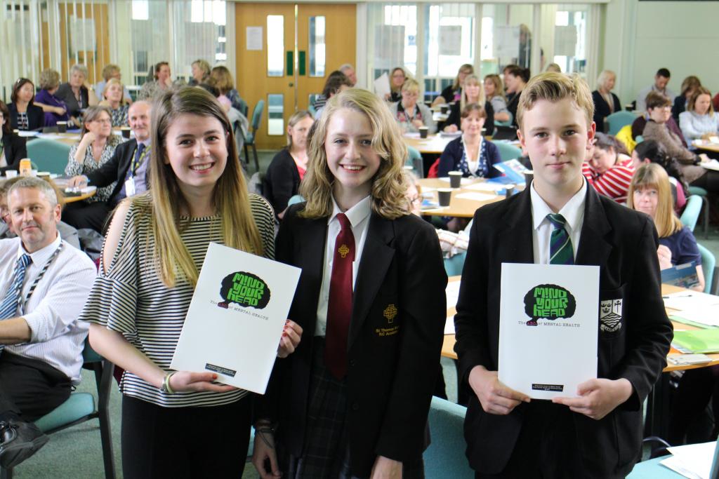 From left to right, Youth councillors Bethan Corner and Abbie Armstrong with Young Mayor Oscar Daniel at the launch of the resource pack.