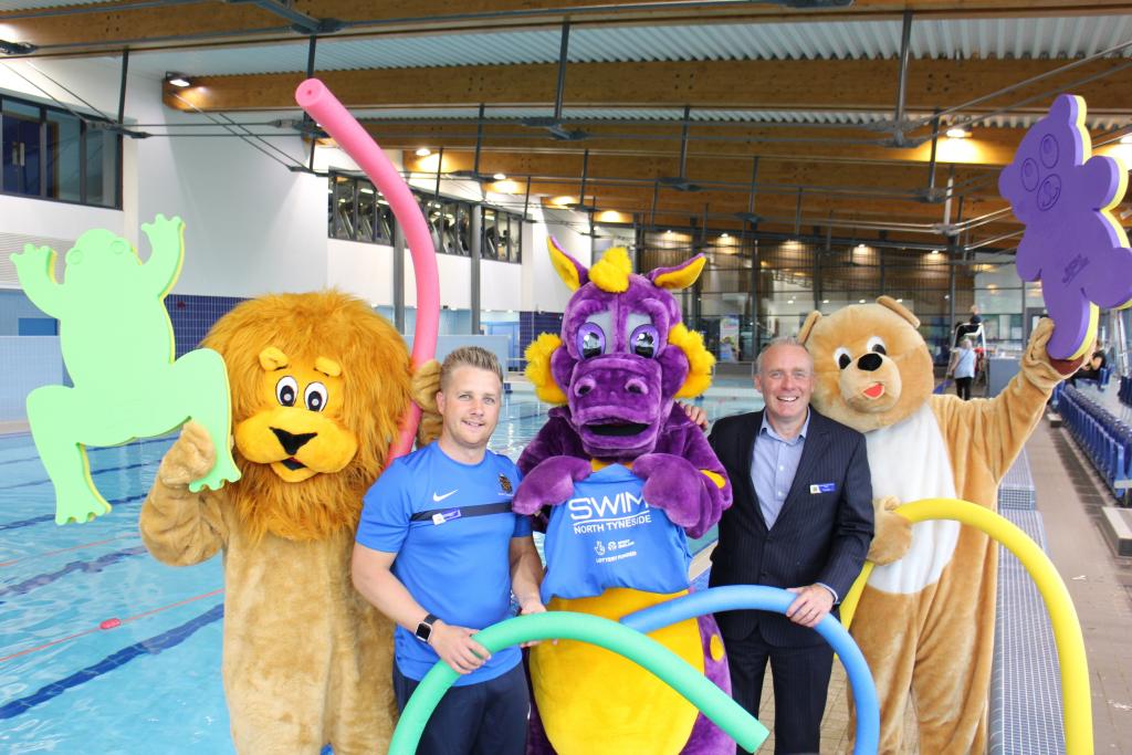 (From left to right) Council mascots Lakey Lion, Dexter the Dragon and Burney Bear with Dan Hase, Marketing Advisor with the council’s sport and leisure team, and Paul Youlden, Senior Manager for sport and leisure. 