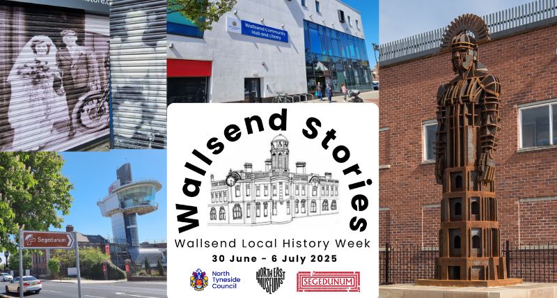 A composite image of Segedunum, Wallsend library, historic shop shutters and the Centurion statue