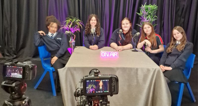 Young people taking part in the Youthforia Podcast at John Spence High School Young people taking part in the Youthforia Podcast at John Spence High School
