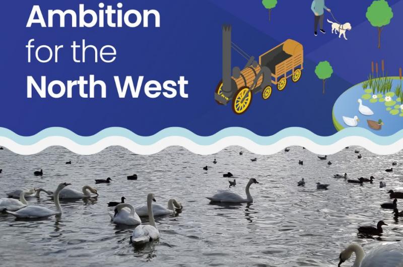 A banner reading Ambition for the North West and swans on Killingworth Lake 