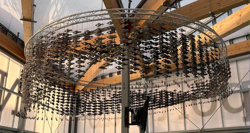 A shoal of fish sculpture on the ceiling of the Transport Hub