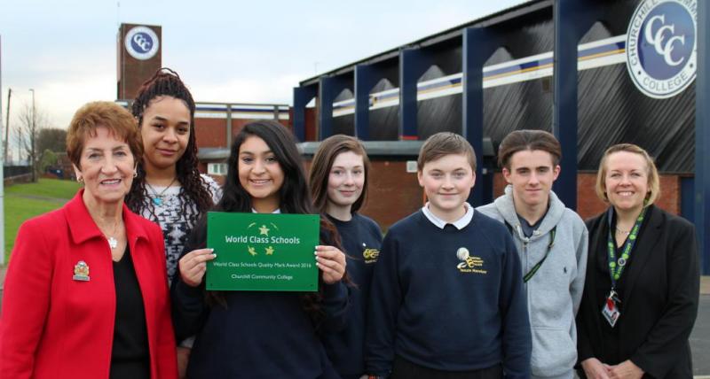 Elected Mayor Norma Redfearn (left) and Marie Jobson (right), Learning Co-ordinator at Churchill Community College with students from the school.