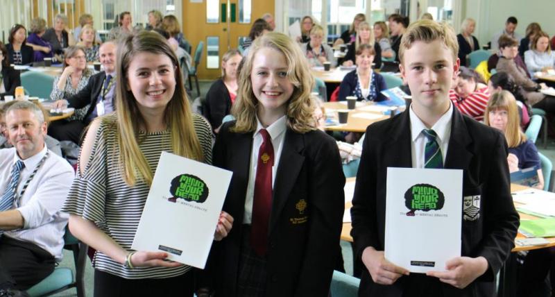 From left to right, Youth councillors Bethan Corner and Abbie Armstrong with Young Mayor Oscar Daniel at the launch of the resource pack.