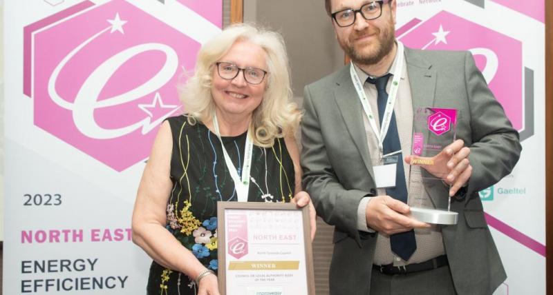 Cllr Sandra Graham, cabinet member for Environment and Paul Nelson, Head of Environmental Sustainability, collecting award for North East Council of the Year at the 2023 Energy Efficiency Awards.