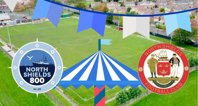 An aerial image of the North Shields Fc ground with the North Shields 800 and North Shields FC logos and bunting An aerial image of the North Shields Fc ground with the North Shields 800 and North Shields FC logos