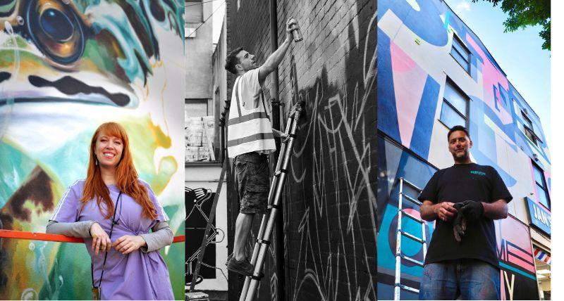 A composite image showing artists Nina Valkoff, Mark Shields and Ricky Also on location with their street art A composite image showing artists Nina Valkoff, Mark Shields and Ricky Also on location with their street art