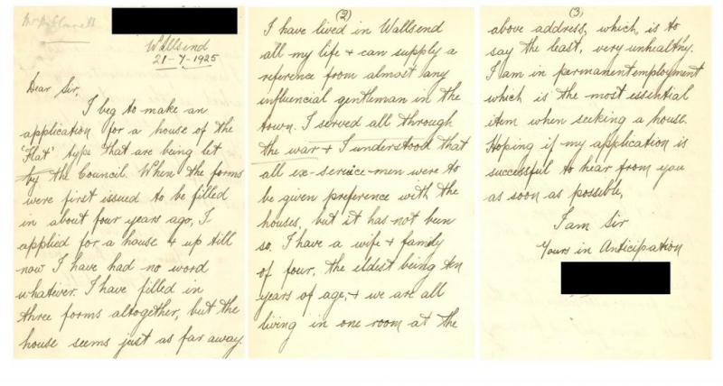 A letter written in 1925 by a resident living in Wallsend.