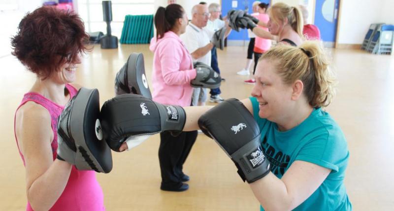 Weight Worries participants Lucy Mott (left) and Rebecca Ward enjoy the Boxercise class.  